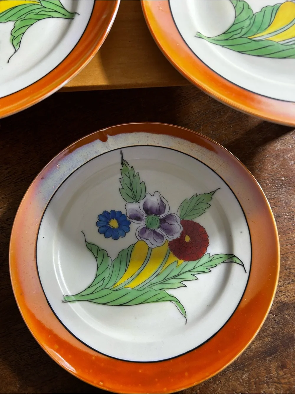 Chikatamachi Hand-Painted Floral Ceramic Dessert Plates - Orange Trim (Set of 4)